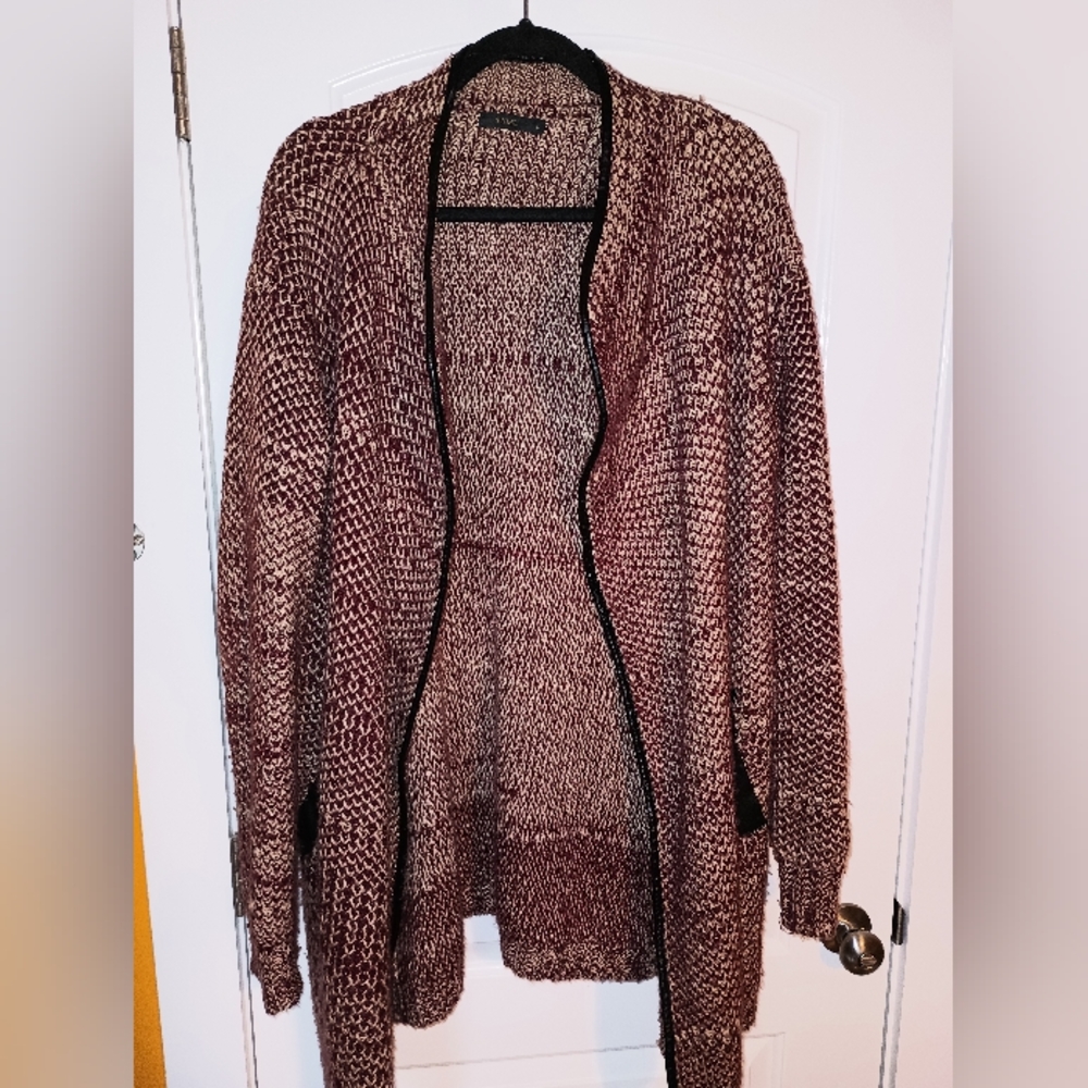 THML Faux Leather Trim Burgundy and Cream Cardigan Size Large